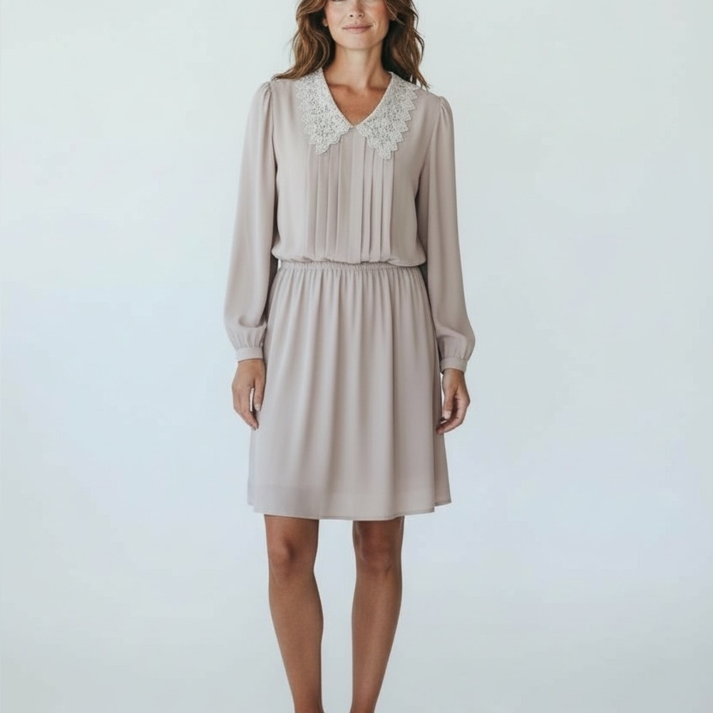 Vintage Pleated Lace Collar Dress Women Size M Taupe